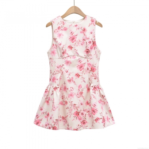 Women's Elegant Sleeveless Pink Floral Print Mini Dress Polyester Slim Fit Round Neck Summer A-Line Party Dress With Hidden Back Zipper