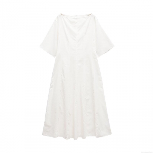 Elegant White Linen Blend Maxi Dress Boat Neck Short Sleeve Seam Design Minimalist Summer Long Dress For Women Casual Vacation Party