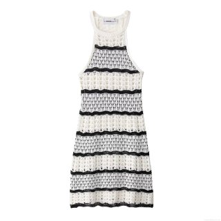 French Style Striped Knit Halter Dress Women's Sexy Hollow Out Crochet Sleeveless Bodycon Mini Dress For Summer Vacation Party Beach Casual Wear
