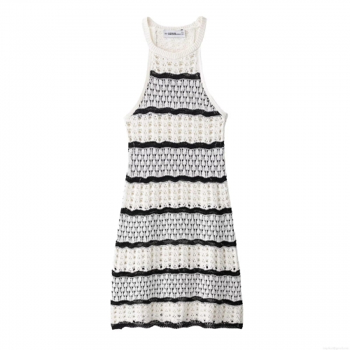 French Style Striped Knit Halter Dress Women's Sexy Hollow Out Crochet Sleeveless Bodycon Mini Dress For Summer Vacation Party Beach Casual Wear