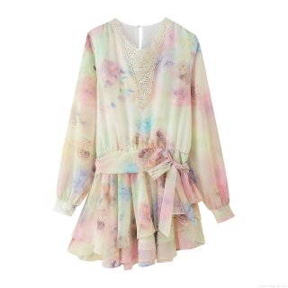 Women's Floral Watercolor Print Long Sleeve Chiffon Mini Dress Elegant V-Neck Lace Patchwork Tie-Waist Ruffle Hem Party Dress
