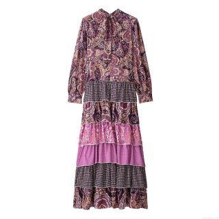 Women's Retro Bohemian Paisley Print Maxi Dress Elegant Bow Tie Stand Collar Long Sleeve Tiered Cake Dress For Party Dating Women Polyester Dress
