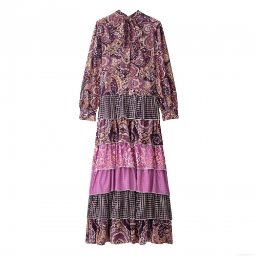 Women's Retro Bohemian Paisley Print Maxi Dress Elegant Bow Tie Stand Collar Long Sleeve Tiered Cake Dress For Party Dating Women Polyester Dress