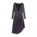Vintage Purple Plaid Polyester Mesh Maxi Dress For Women Long Sleeve Backless Deep V Neck Lace Up Irregular Asymmetric Hem Elegant Party Dating Chic Niche Design