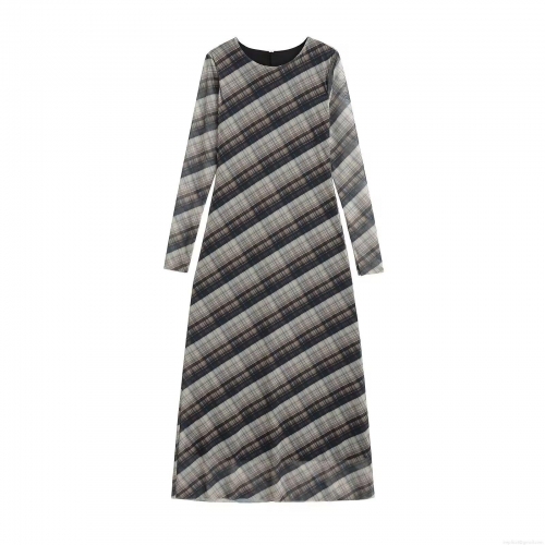 Women Plaid Mesh Long Sleeve Maxi Dress Elegant Round Neck Slim Fit Bodycon Transparent Mesh Long Dress For Party Night Club Daily Wear