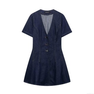 Women Fashion Simple Denim Mini Dress Short Sleeve V-Neck Single Breasted Slim Fit Jean Dresses With Yellow Contrast Stitching Elegant Summer Party Outfits For Ladies