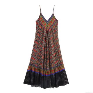 Women's Bohemian V Neck Spaghetti Strap Maxi Dress Ethnic Floral Print Pleated Patchwork Polyester Metallic Thread Summer Beach Vacation Long Dress