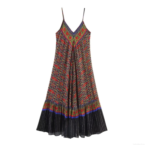 Women's Bohemian V Neck Spaghetti Strap Maxi Dress Ethnic Floral Print Pleated Patchwork Polyester Metallic Thread Summer Beach Vacation Long Dress