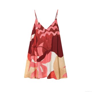 Women's Abstract Tropical Print Spaghetti Strap V-Neck Mini Dress Elegant Linen Blend Sleeveless A-Line Summer Party Vacation Dress For Women