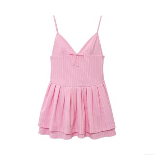 Women Pink White Striped Camisole Dress With Bow Tie Elegant Double Layer Pleated V-Neck Mini Dress For Summer Party Vacation