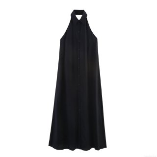Women's Elegant Halter V-Neck Maxi Dress Button Down Sleeveless Linen Polyester Blend Solid Color Summer Party Vacation Long Sundress For Lady