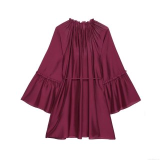 Women Elegant Satin Flare Sleeve Mini Dress Ruffle Stand Neck Tie Waist Solid Color Party Evening Cocktail Short Dress With Starfish Charms