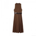 Women's Elegant Deep Brown Sleeveless Maxi Dress With Belt V-Neck Button Down A-Line Polyester Long Dress For Office Party Sophisticated Lady