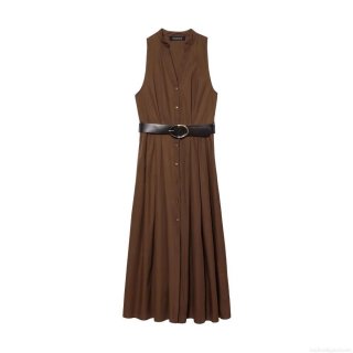 Women's Elegant Deep Brown Sleeveless Maxi Dress With Belt V-Neck Button Down A-Line Polyester Long Dress For Office Party Sophisticated Lady