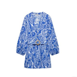 Women's Blue White Paisley Print Mini Dress V-Neck Long Lantern Sleeve Hollow Out Eyelet Embroidery With Waist Belt Bohemian Vacation Summer Dress