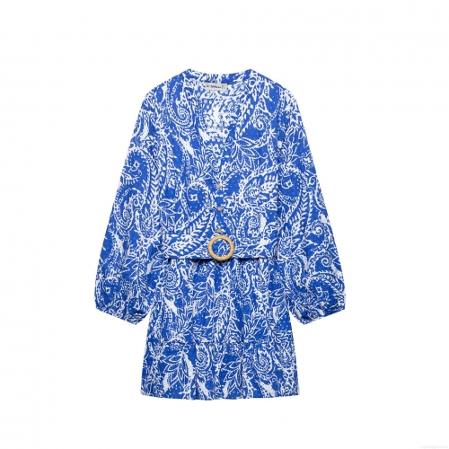 Women's Blue White Paisley Print Mini Dress V-Neck Long Lantern Sleeve Hollow Out Eyelet Embroidery With Waist Belt Bohemian Vacation Summer Dress