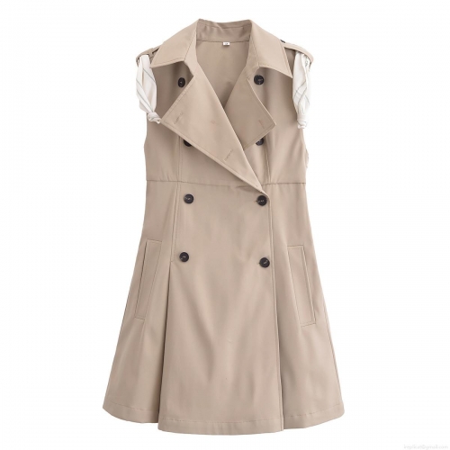 Women's Elegant Sleeveless Trench Mini Dress Double Breasted Polyester Vest Dress With Scarf For Casual Party Lady Style