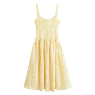 Women's Light Yellow Square Neck Sleeveless Pleated Maxi Dress Elegant Polyester Crinkle Texture Cami Dress for Party Summer Vacation Evening Lady