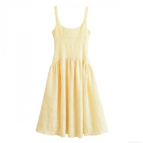 Women's Light Yellow Square Neck Sleeveless Pleated Maxi Dress Elegant Polyester Crinkle Texture Cami Dress for Party Summer Vacation Evening Lady