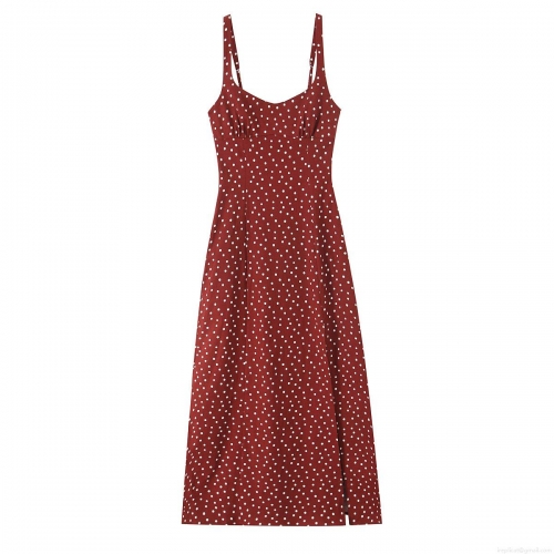 Elegant Polka Dot Camisole Slit Maxi Dress For Women Summer V-Neck Sleeveless Socialite Style Polyester Long Dress Sexy Backless Evening Party Wear