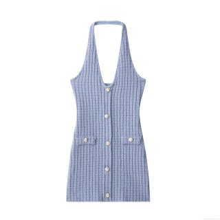 Women Halter Neck Knitted Mini Dress Sexy V-Neck Sleeveless Slim Fit Bodycon Ribbed Knit Sundress With Gold Buttons Elegant Party Evening Dress