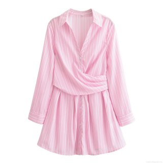 Women's Striped V-Neck Long Sleeve Midi Dress Elegant Polyester Pink White Stripe Shirt Dress With Waist Twist Knot Detail For Casual Office Party Fashion