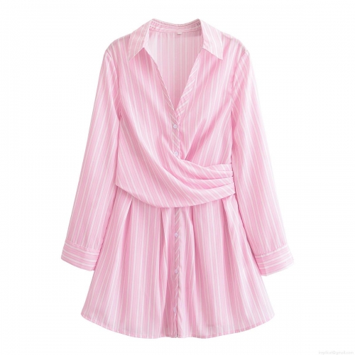 Women's Striped V-Neck Long Sleeve Midi Dress Elegant Polyester Pink White Stripe Shirt Dress With Waist Twist Knot Detail For Casual Office Party Fashion