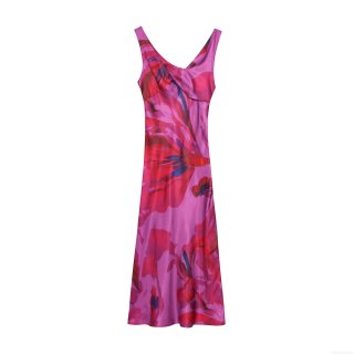 Women's Elegant V-Neck Satin Midi Dress Abstract Floral Print Sleeveless Cut-Out Waist Sexy Evening Party Dresses For Summer Vacation