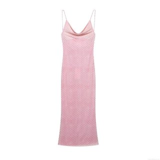 Women's Elegant Pink Argyle Mesh Cowl Neck Sling Dress Backless Tie-Up Sexy Maxi Dress For Summer Party Evening Beach Spaghetti Strap Long Dress