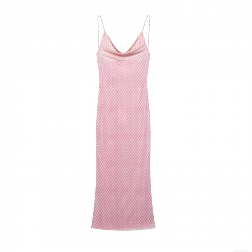 Women's Elegant Pink Argyle Mesh Cowl Neck Sling Dress Backless Tie-Up Sexy Maxi Dress For Summer Party Evening Beach Spaghetti Strap Long Dress