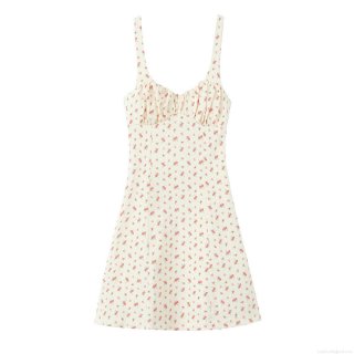 Women's Elegant Red Floral Print Spaghetti Strap Mini Dress Ruched Square Neck A-Line Polyester Sundress for Summer Vacation Dating Socialite Style Off-White Dress