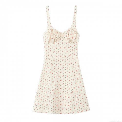 Women's Elegant Red Floral Print Spaghetti Strap Mini Dress Ruched Square Neck A-Line Polyester Sundress for Summer Vacation Dating Socialite Style Off-White Dress