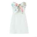 Women's Elegant Strapless Tube Top Mini Dress White Polyester Floral Print Bow Detail Party Cocktail Short Dress