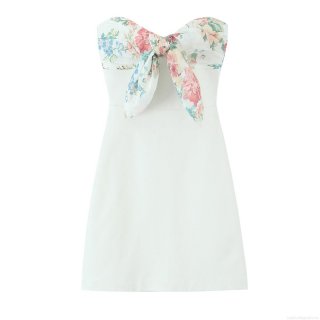 Women's Elegant Strapless Tube Top Mini Dress White Polyester Floral Print Bow Detail Party Cocktail Short Dress
