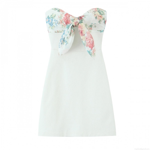 Women's Elegant Strapless Tube Top Mini Dress White Polyester Floral Print Bow Detail Party Cocktail Short Dress