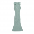 Women Sleeveless V Neck Knit Maxi Dress Elegant Slim Fit Ribbed Mercerized Cotton Fishtail Hem Long Dress for Summer Party Casual Sage Green