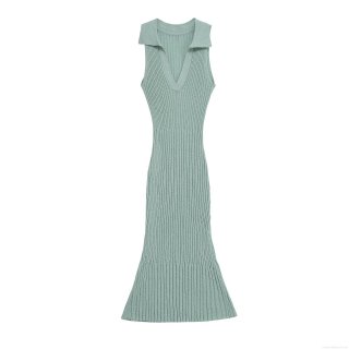 Women Sleeveless V Neck Knit Maxi Dress Elegant Slim Fit Ribbed Mercerized Cotton Fishtail Hem Long Dress for Summer Party Casual Sage Green