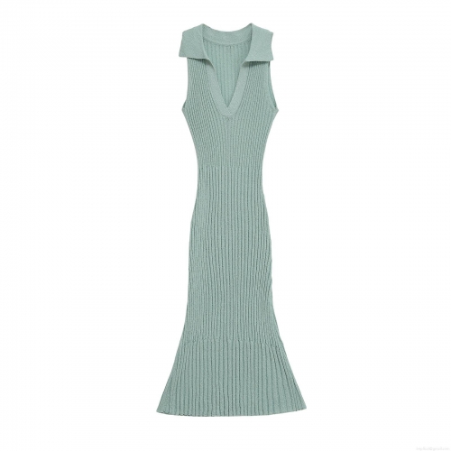 Women Sleeveless V Neck Knit Maxi Dress Elegant Slim Fit Ribbed Mercerized Cotton Fishtail Hem Long Dress for Summer Party Casual Sage Green