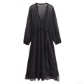 Women's Elegant Black Swiss Dot Maxi Dress Sexy V Neck Long Sleeve Ruffle Hem Sheer Chiffon Long Dress For Party Evening Wedding Guest