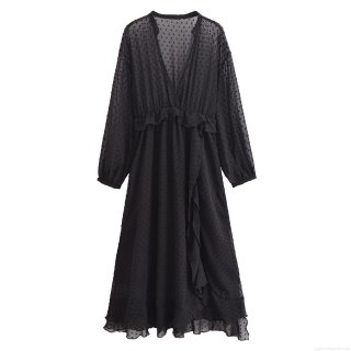 Women's Elegant Black Swiss Dot Maxi Dress Sexy V Neck Long Sleeve Ruffle Hem Sheer Chiffon Long Dress For Party Evening Wedding Guest