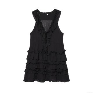 Women's Elegant 100% Polyester Layered Ruffle Sleeveless V-Neck Mini Dress Tiered Cake Short Dress For Party Evening Date Night Black