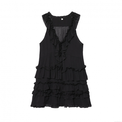 Women's Elegant 100% Polyester Layered Ruffle Sleeveless V-Neck Mini Dress Tiered Cake Short Dress For Party Evening Date Night Black