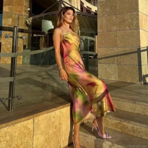 Women's Tie Dye Satin Slip Dress Elegant Cowl Neck Backless Crossover Straps Slim Fit Polyester Midi Dress For Party Summer Vacation