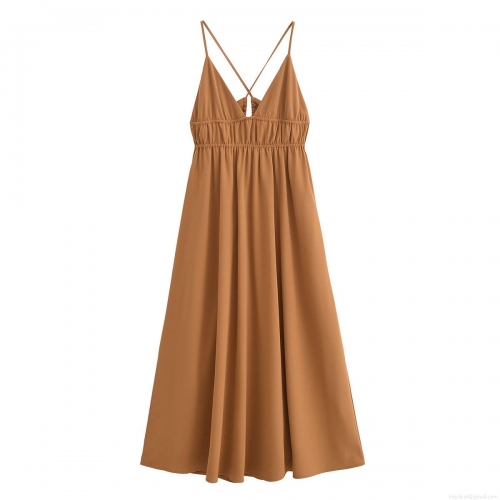 Women's Sexy V-Neck Cami Dress Backless Crossover Straps Ruched Waist 100% Polyester Midi Dress For Summer Party Evening Streetwear Elegant Socialite