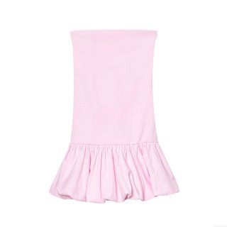 Women Pink Strapless Tube Top Mini Dress Elegant Balloon Hem Gathered Ruffle Cocktail Party Dress Sexy Slim Fit Evening Dress