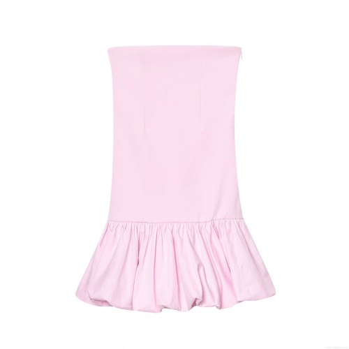 Women Pink Strapless Tube Top Mini Dress Elegant Balloon Hem Gathered Ruffle Cocktail Party Dress Sexy Slim Fit Evening Dress