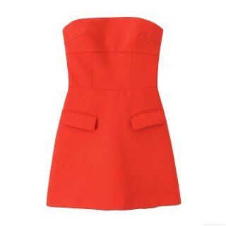 Women's Elegant Strapless Red Mini Dress Sexy Tube Top Bodycon Party Dress with Decorative Pocket Flaps Back Invisible Zipper Slim Fit Evening Clubwear
