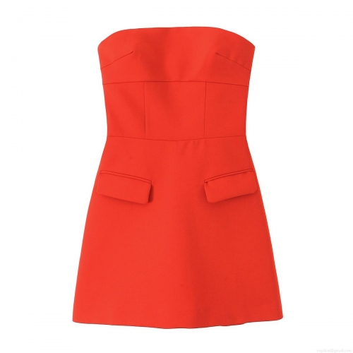 Women's Elegant Strapless Red Mini Dress Sexy Tube Top Bodycon Party Dress with Decorative Pocket Flaps Back Invisible Zipper Slim Fit Evening Clubwear