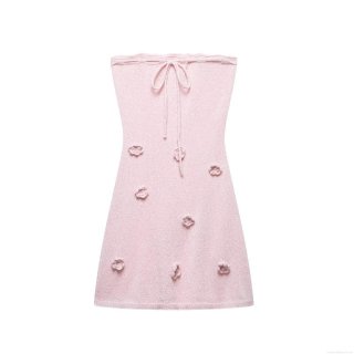 Women's Romantic Pink Knitted Tube Dress With 3D Floral Applique Elegant Strapless Bodycon Dress For Party Vacation Clubwear