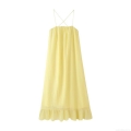 Women Summer Vacation Beach Textured Maxi Dress Backless Cross Spaghetti Strap Ruffle Hem Loose Flowy Elegant Yellow Long Dress